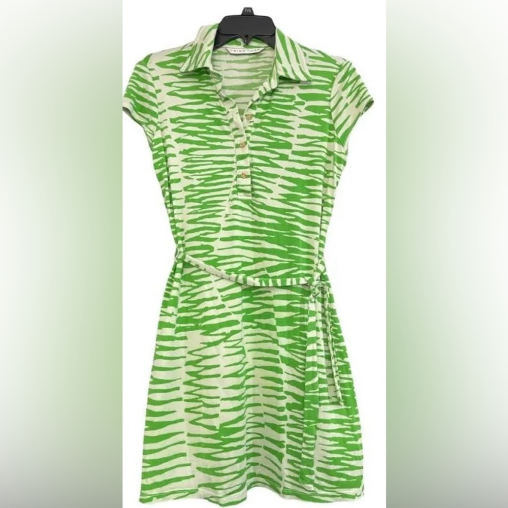 ⭐️3/$20 Trina Turk neon Green White animal print stripe Dress w/tie belt size S